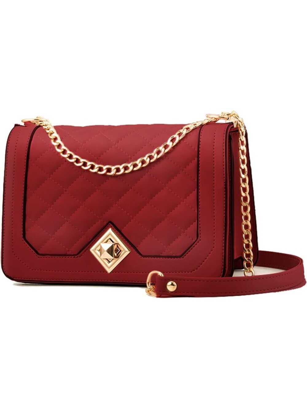 Women's Wine Red PU Leather Quilted Satchels With Chain Strap Crossbody Bags